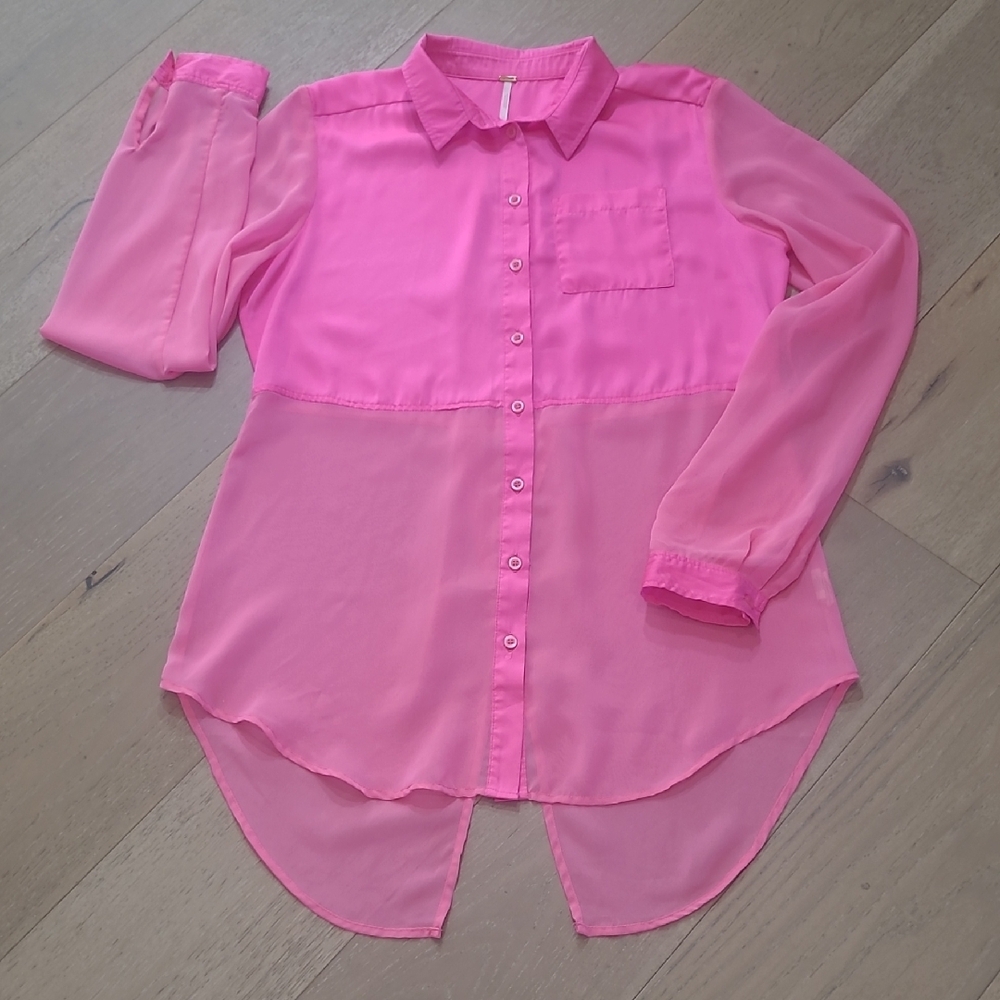 Free People Button Up Shirt Women's sz S Neon Pink Silky/Sheer Long Sleeve Top
